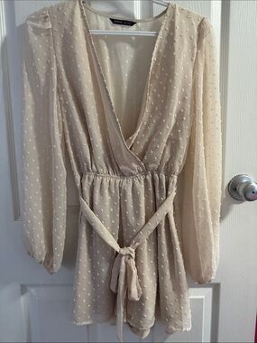 SHEIN Neutral Beige Swiss Dot Wrap Romper with Tie Waist
